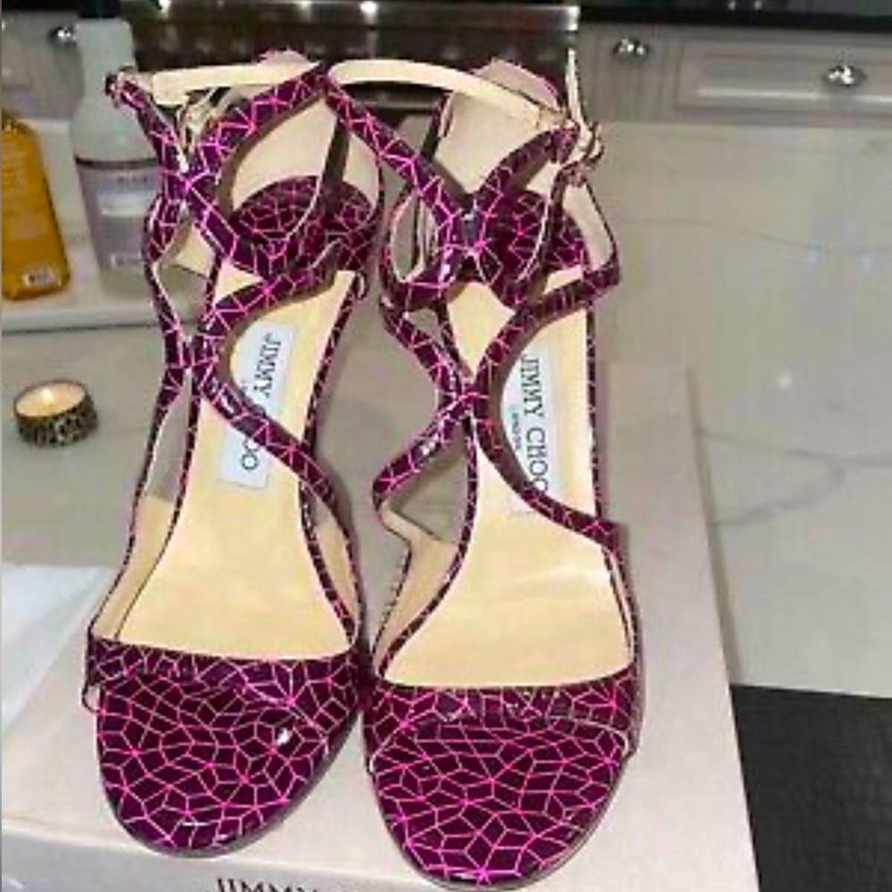 Jimmy Choo Lang 38.5 pink strappy heels Patent leather open toe sole protector